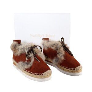See By Chloé Womens Size 35 Brown Glyn Fur-Lined Lace Up Shoe Suede Sneaker $295